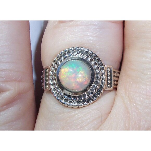 925 STERLING SILVER Genuine Round Ethiopian Opal Ring - Picture 3 of 14